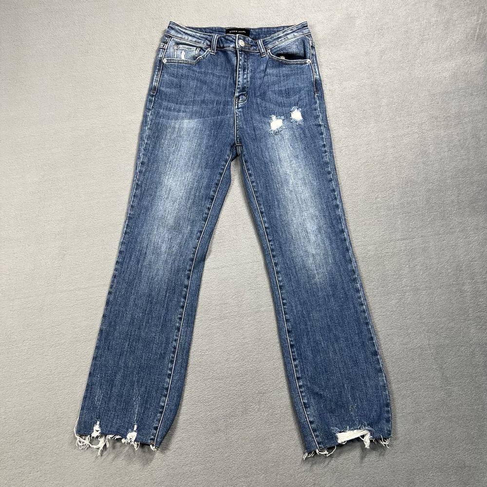 Risen Jeans Womens 29 Blue Ankle High Rise Distressed Raw Hem Stretch Denim